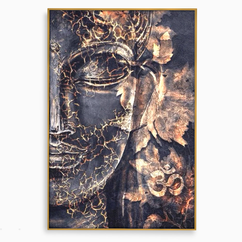 Tablou canvas cu tablou canvas cu chipul lui buddha, in rama de aluminiu auriu